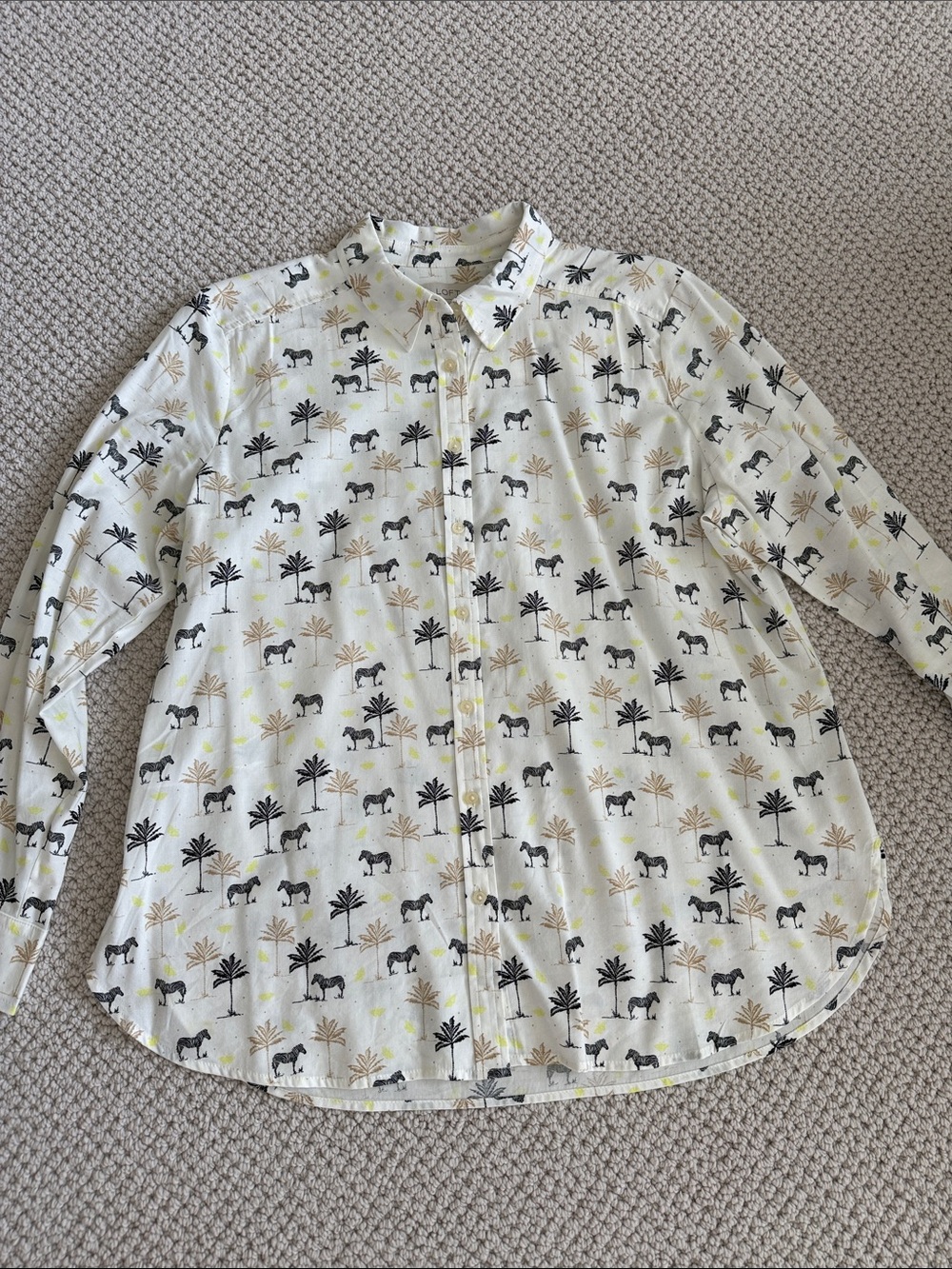 LOFT Creamy White Button-Up Shirt with Black Zebra & Tan Palm Print